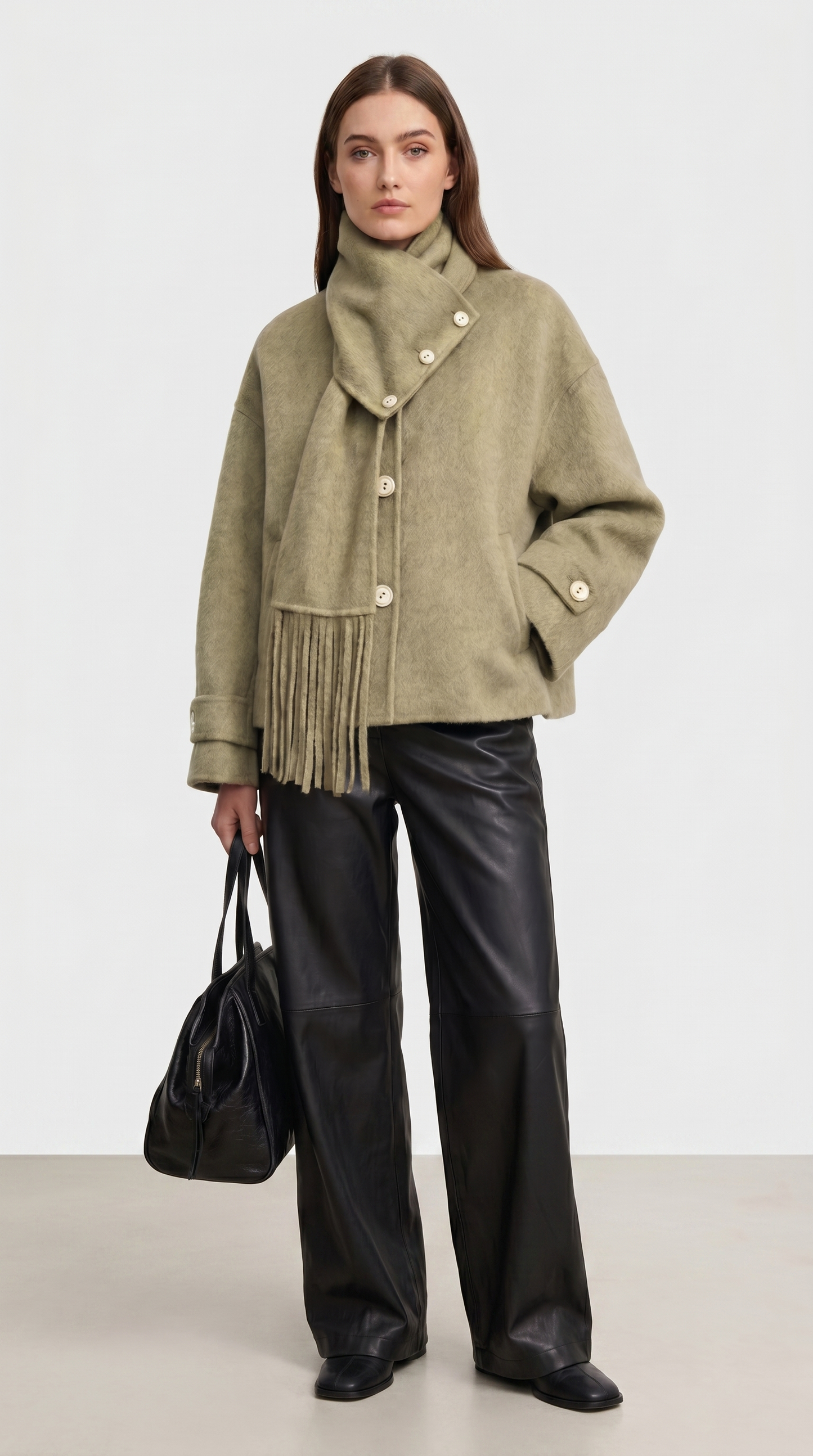 Chantrel - Natural Wool Jacket with Scarf Collar and Sculpted V-Neck