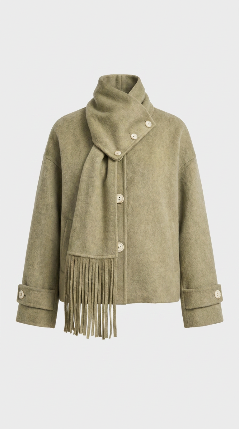 Chantrel - Natural Wool Jacket with Scarf Collar and Sculpted V-Neck