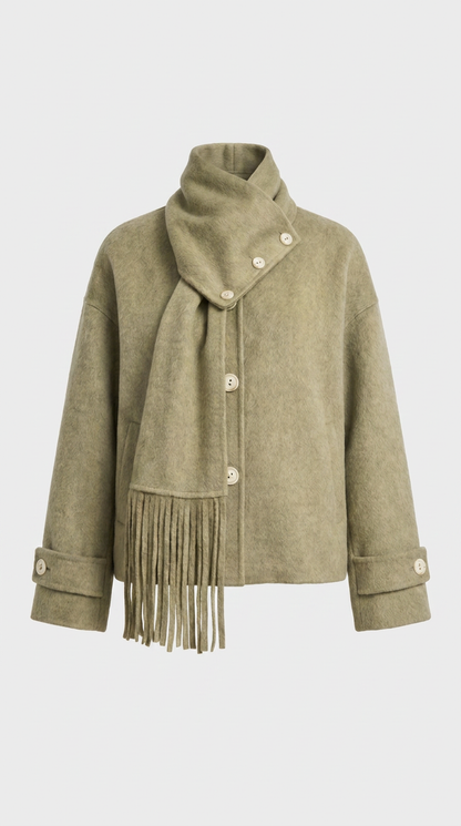 Chantrel - Natural Wool Jacket with Scarf Collar and Sculpted V-Neck