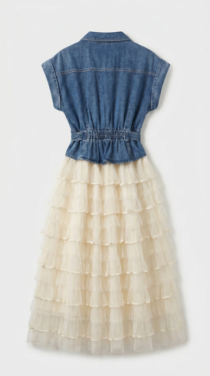 Eni - Spliced Denim & Tiered Tulle Midi