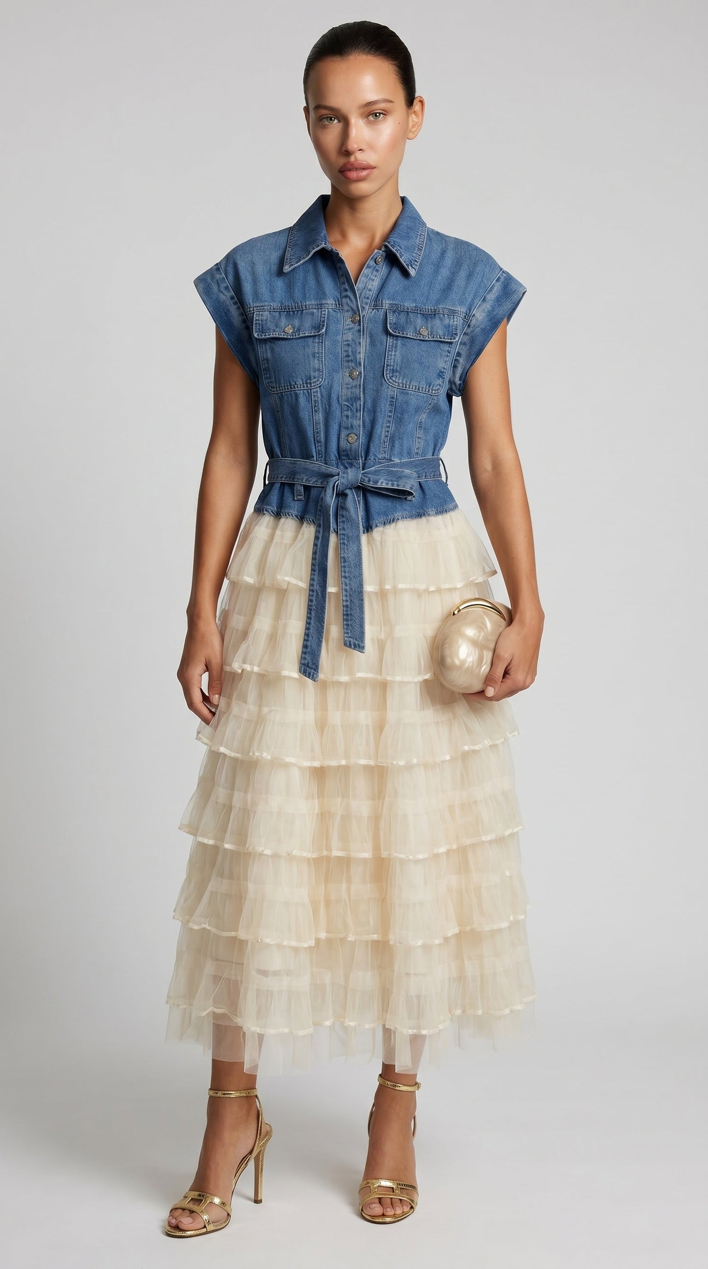 Eni - Spliced Denim & Tiered Tulle Midi
