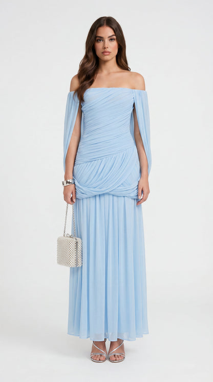Aero - Off-the-Shoulder Draped Cape Maxi Gown Blue
