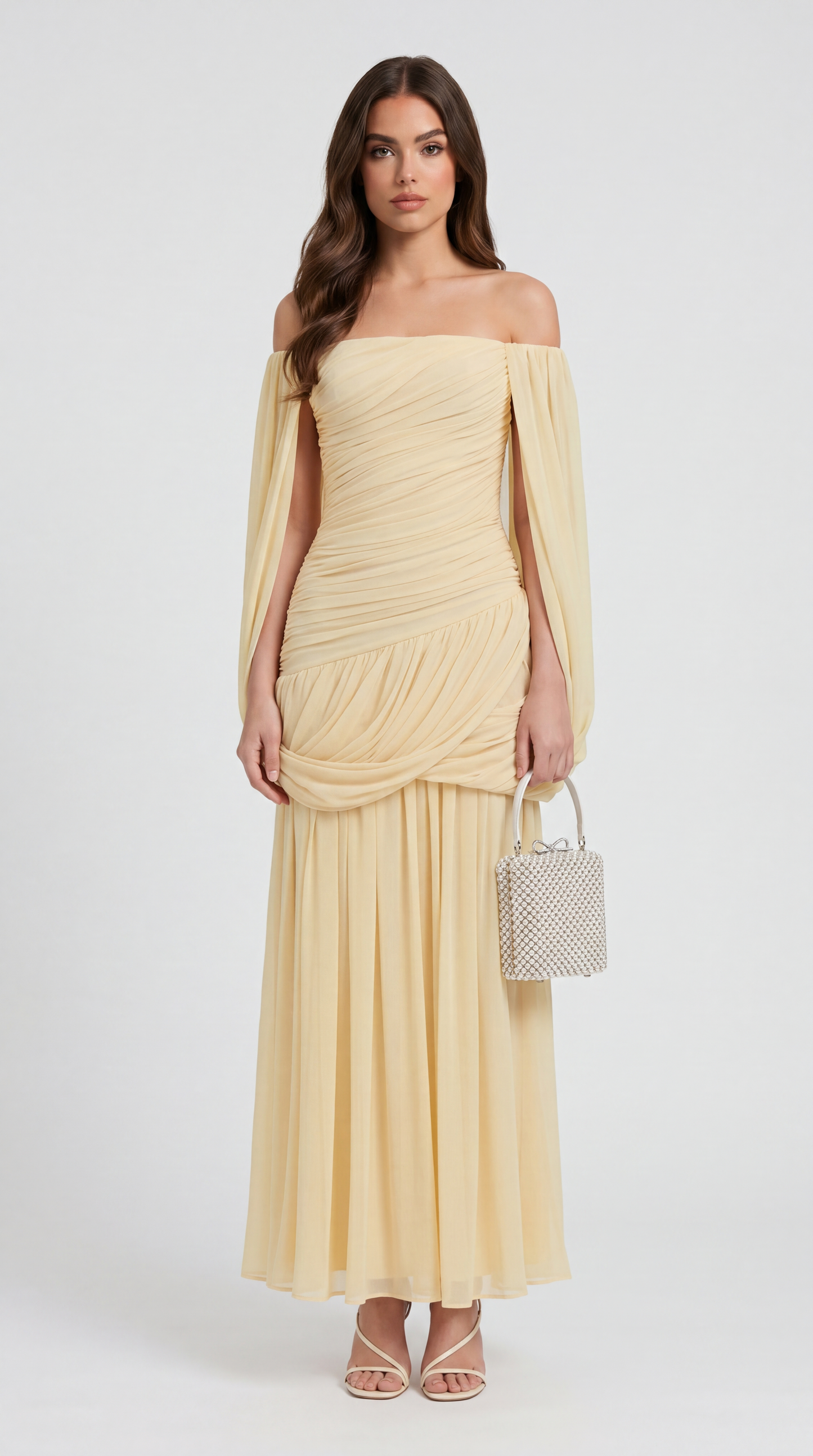 Aero - Off-the-Shoulder Draped Cape Maxi Gown Yellow