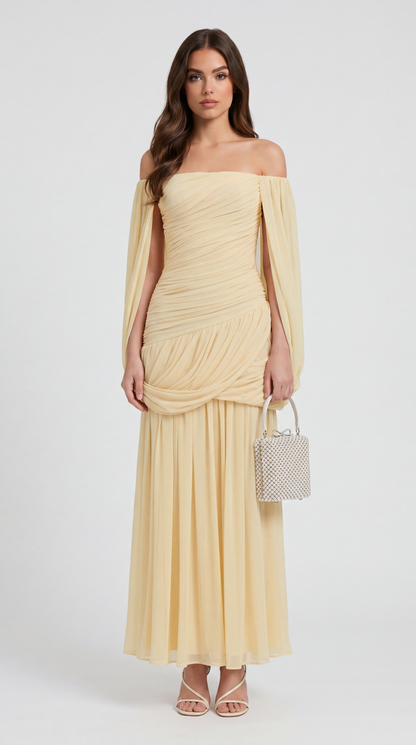 Aero - Off-the-Shoulder Draped Cape Maxi Gown Yellow