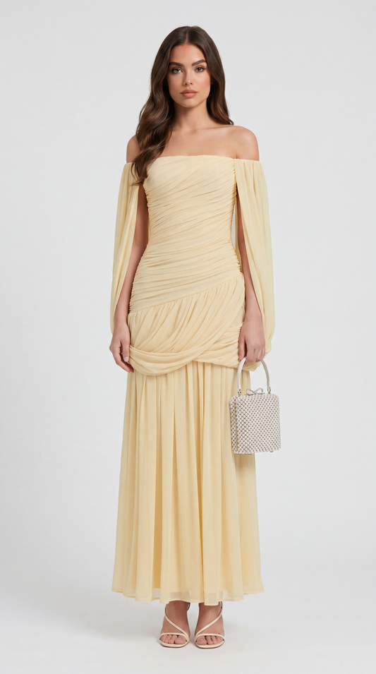 Aero - Off-the-Shoulder Draped Cape Maxi Gown Yellow
