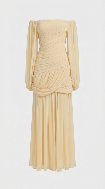 Aero - Off-the-Shoulder Draped Cape Maxi Gown Yellow