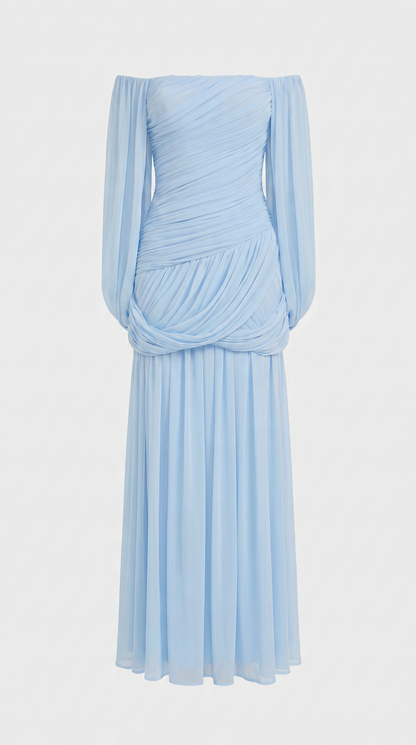 Aero - Off-the-Shoulder Draped Cape Maxi Gown Blue