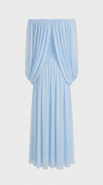 Aero - Off-the-Shoulder Draped Cape Maxi Gown Blue
