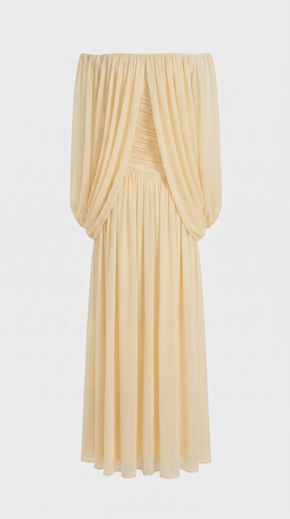 Aero - Off-the-Shoulder Draped Cape Maxi Gown Yellow