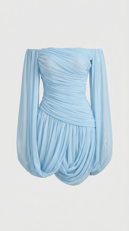 Nala - Off-the-Shoulder Draped Cape Mini Dress Blue