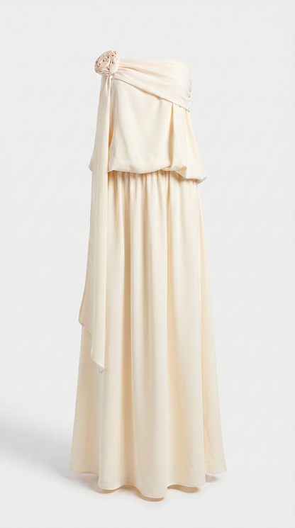 Mora - Strapless Draped Rosette Maxi Gown