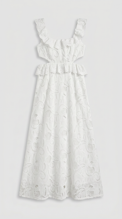 Venta - Ruffled Eyelet Cutout Midi Dress White