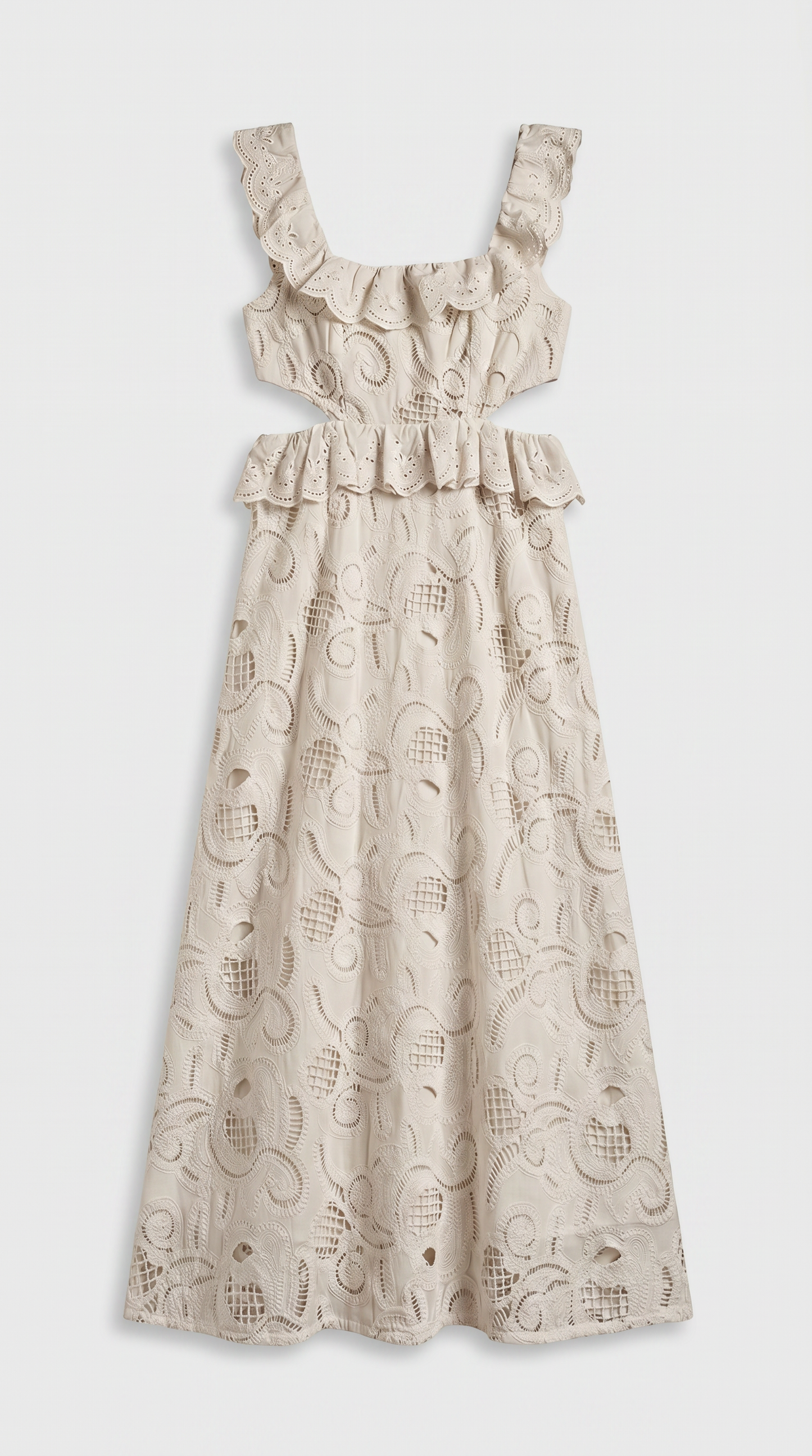 Venta - Ruffled Eyelet Cutout Midi Dress Beige