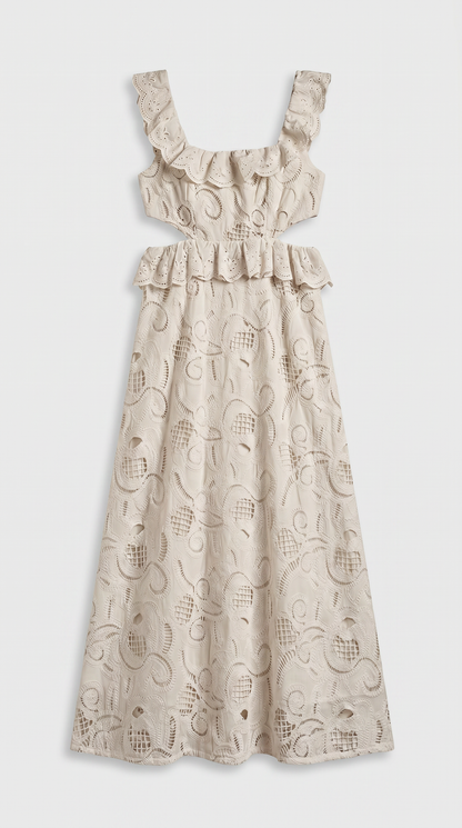 Venta - Ruffled Eyelet Cutout Midi Dress Beige