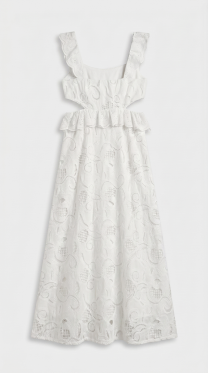 Venta - Ruffled Eyelet Cutout Midi Dress White