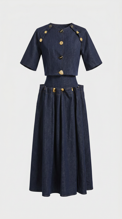 Siro - Sculptural Two-Piece Illusion Denim Midi Dress