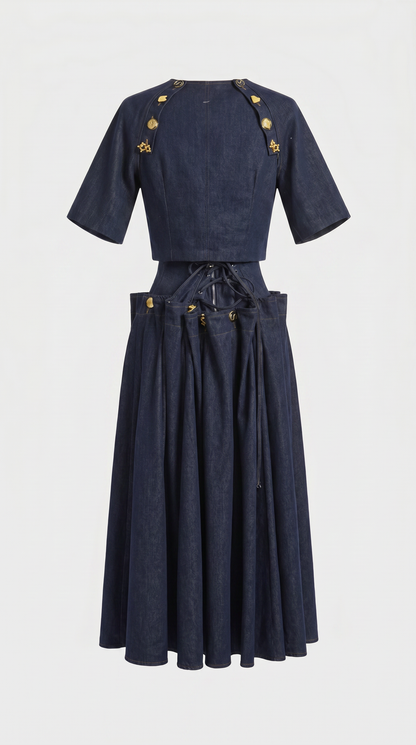 Siro - Sculptural Two-Piece Illusion Denim Midi Dress