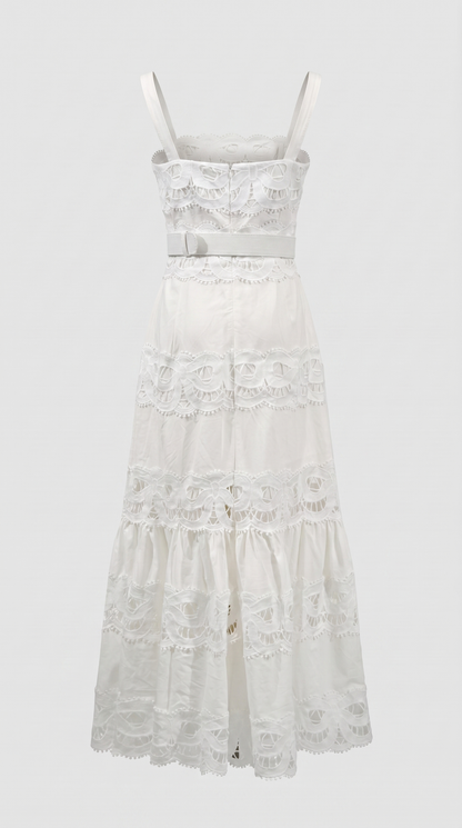 Seda - Belted Eyelet Lace Maxi Dress White
