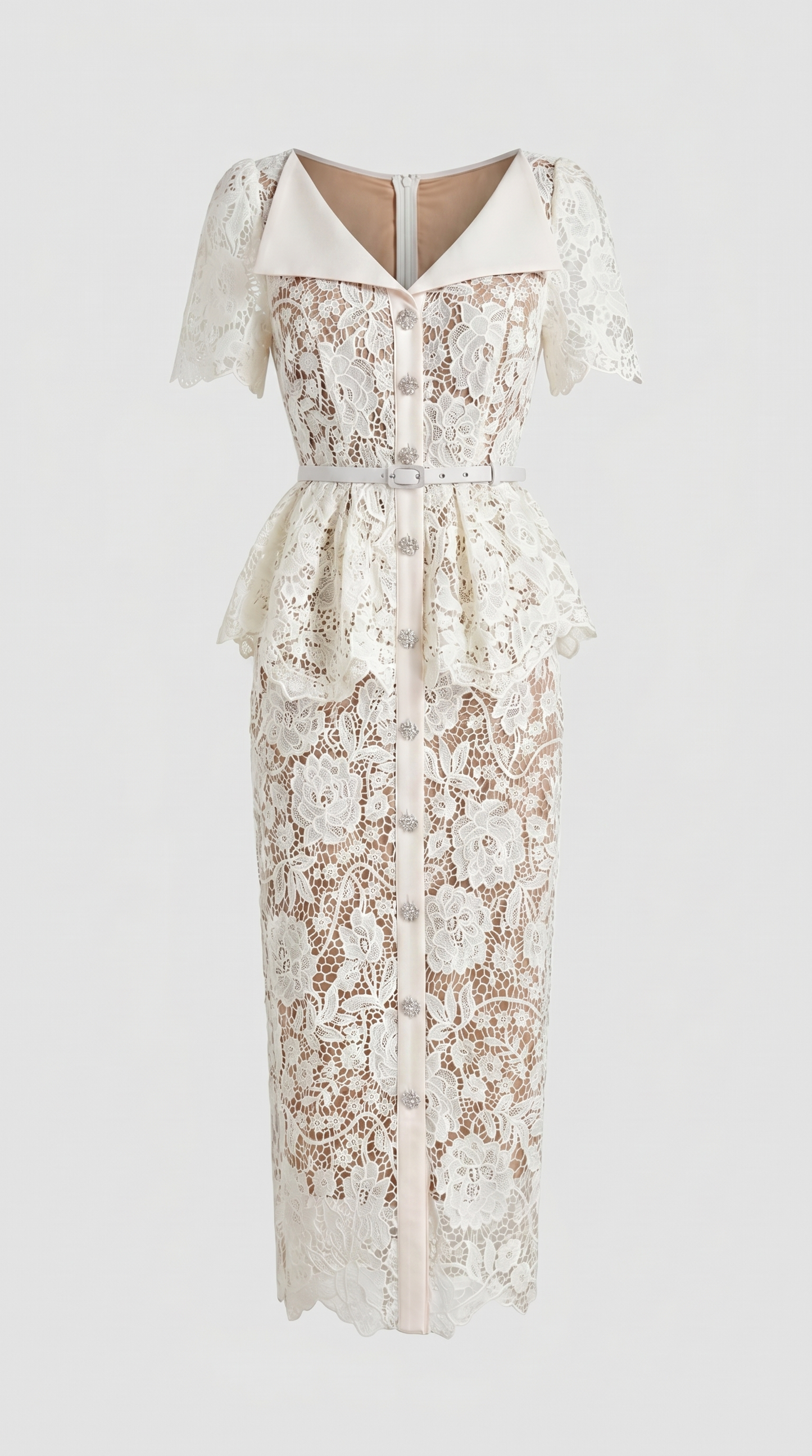 Kaza - Belted Peplum Lace Midi Dress