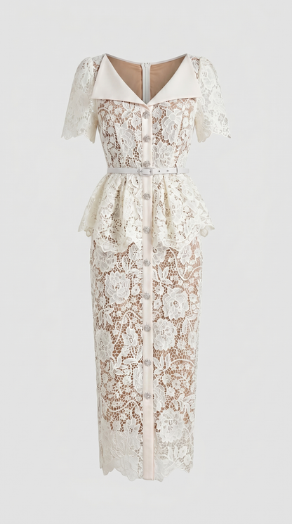 Kaza - Belted Peplum Lace Midi Dress