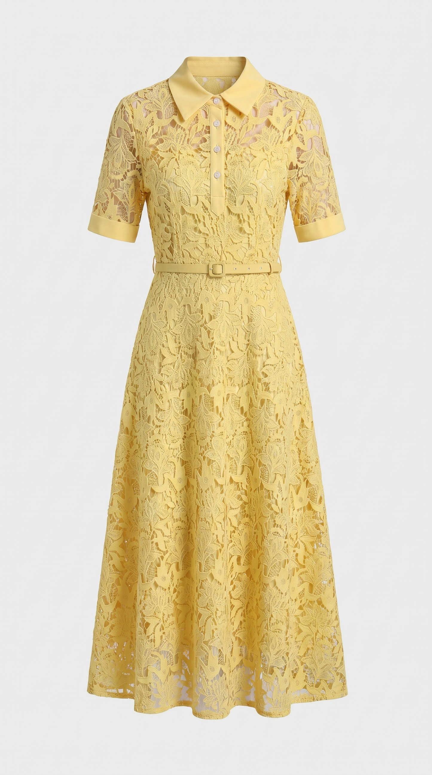Kira - Belted Floral Lace Midi Shirt Dress