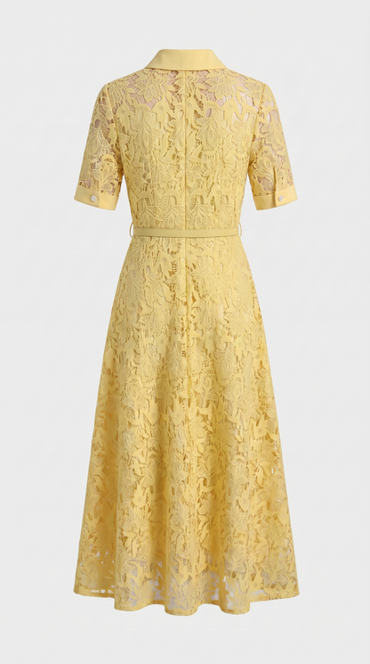 Kira - Belted Floral Lace Midi Shirt Dress