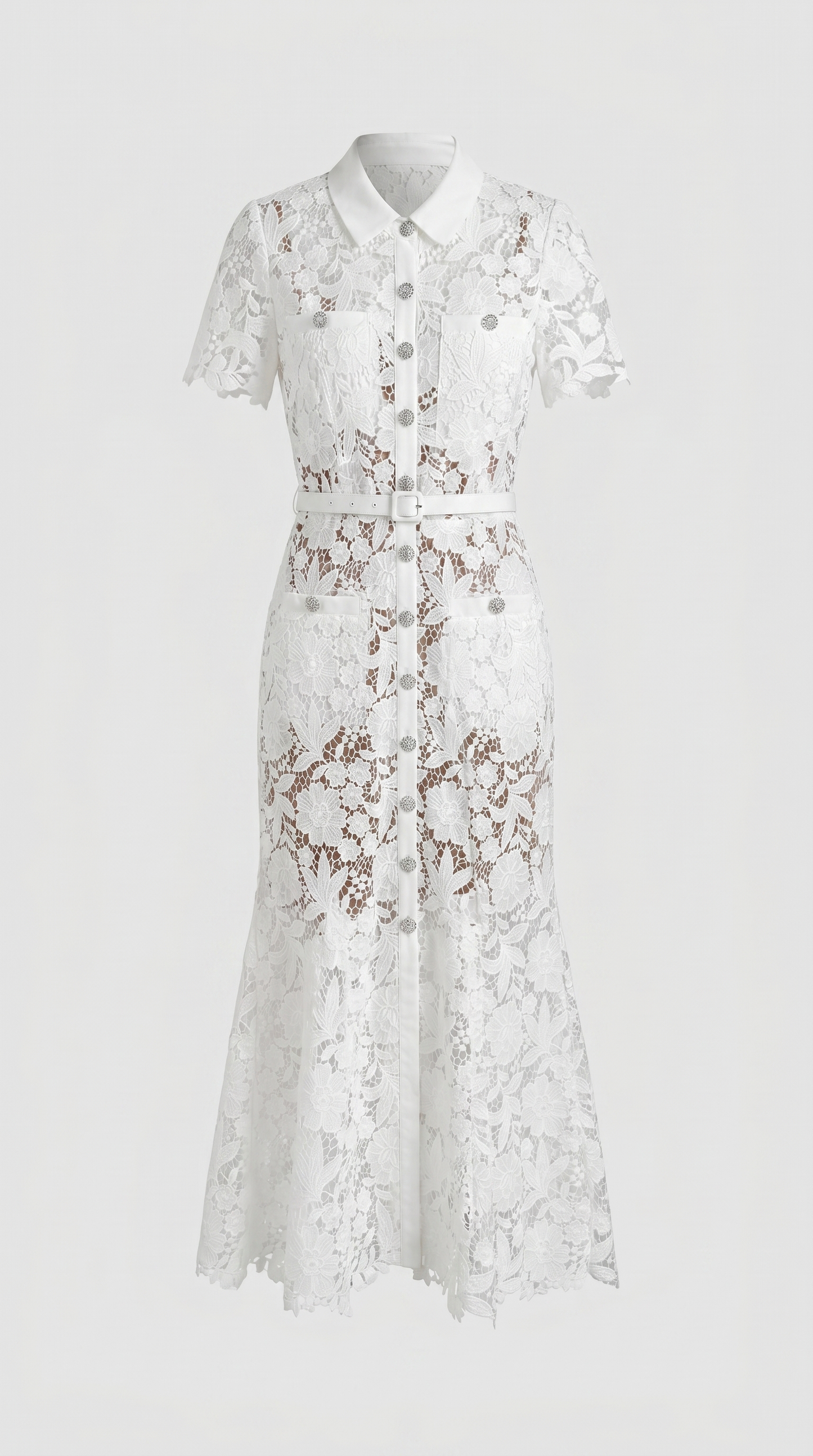 Oria - Belted Floral Lace Midi Shirt Dress White