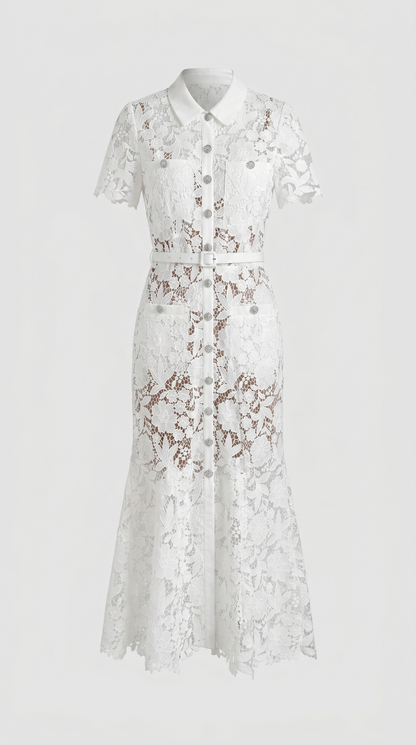 Oria - Belted Floral Lace Midi Shirt Dress White