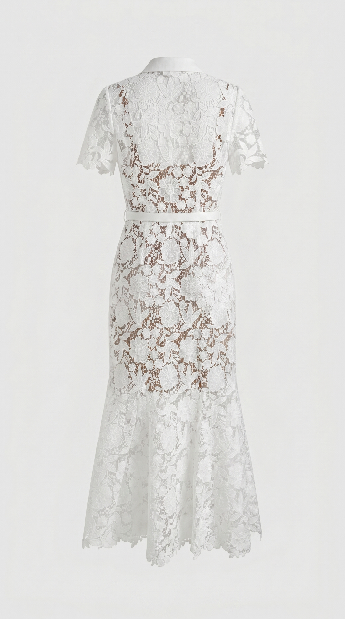 Oria - Belted Floral Lace Midi Shirt Dress White