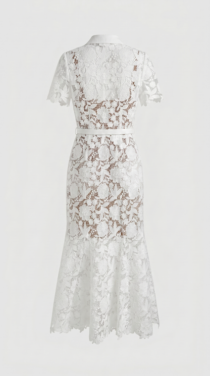 Oria - Belted Floral Lace Midi Shirt Dress White