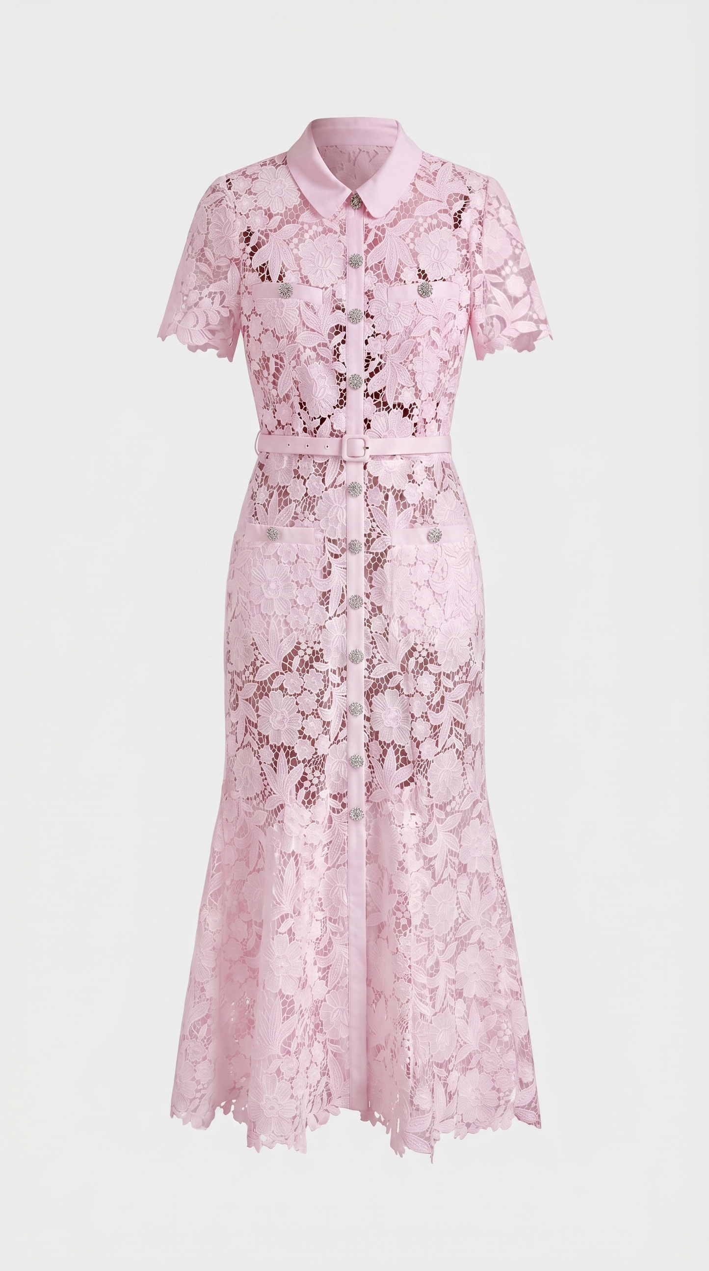 Oria - Belted Floral Lace Midi Shirt Dress Pink