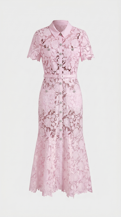 Oria - Belted Floral Lace Midi Shirt Dress Pink