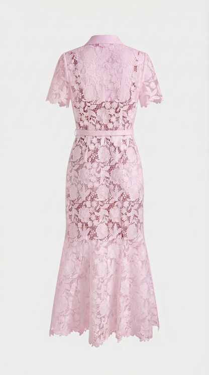 Oria - Belted Floral Lace Midi Shirt Dress Pink