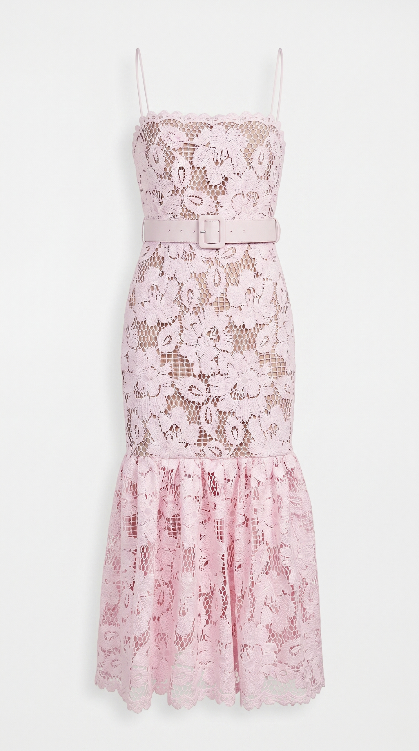 Zefi - Belted Guipure Lace Flared Midi Dress