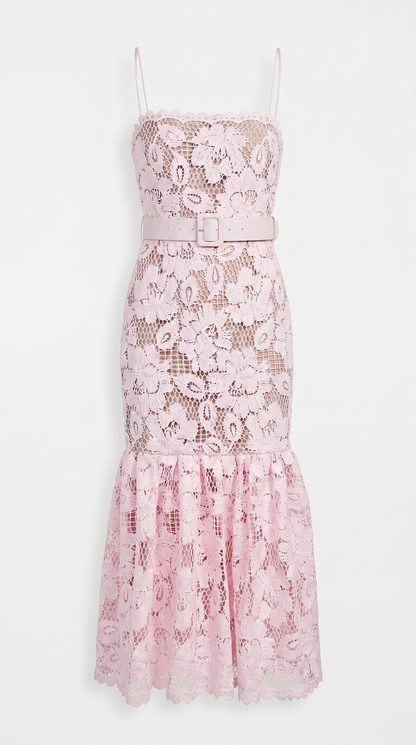 Zefi - Belted Guipure Lace Flared Midi Dress