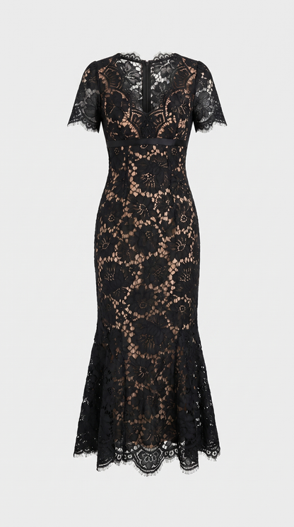Rhea - Eyelash Lace Trumpet Midi Dress