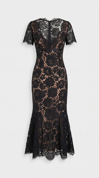Rhea - Eyelash Lace Trumpet Midi Dress