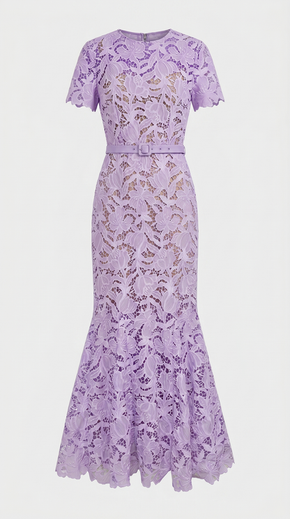 Zoya - Belted Floral Lace Trumpet Gown
