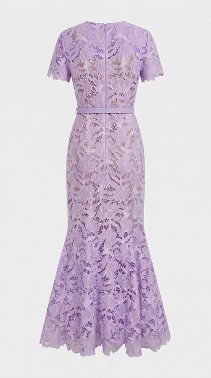 Zoya - Belted Floral Lace Trumpet Gown