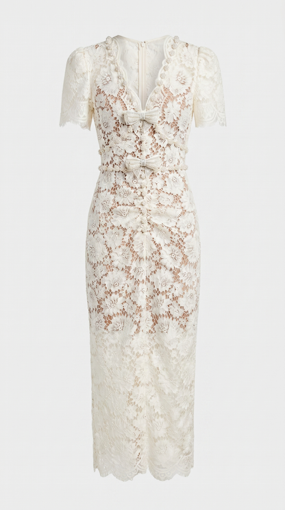 Gaya - Crystal Bow Floral Lace Midi Dress