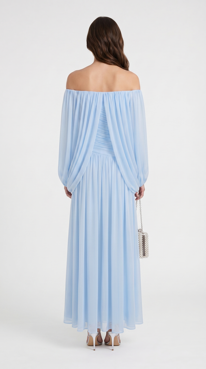 Aero - Off-the-Shoulder Draped Cape Maxi Gown Blue