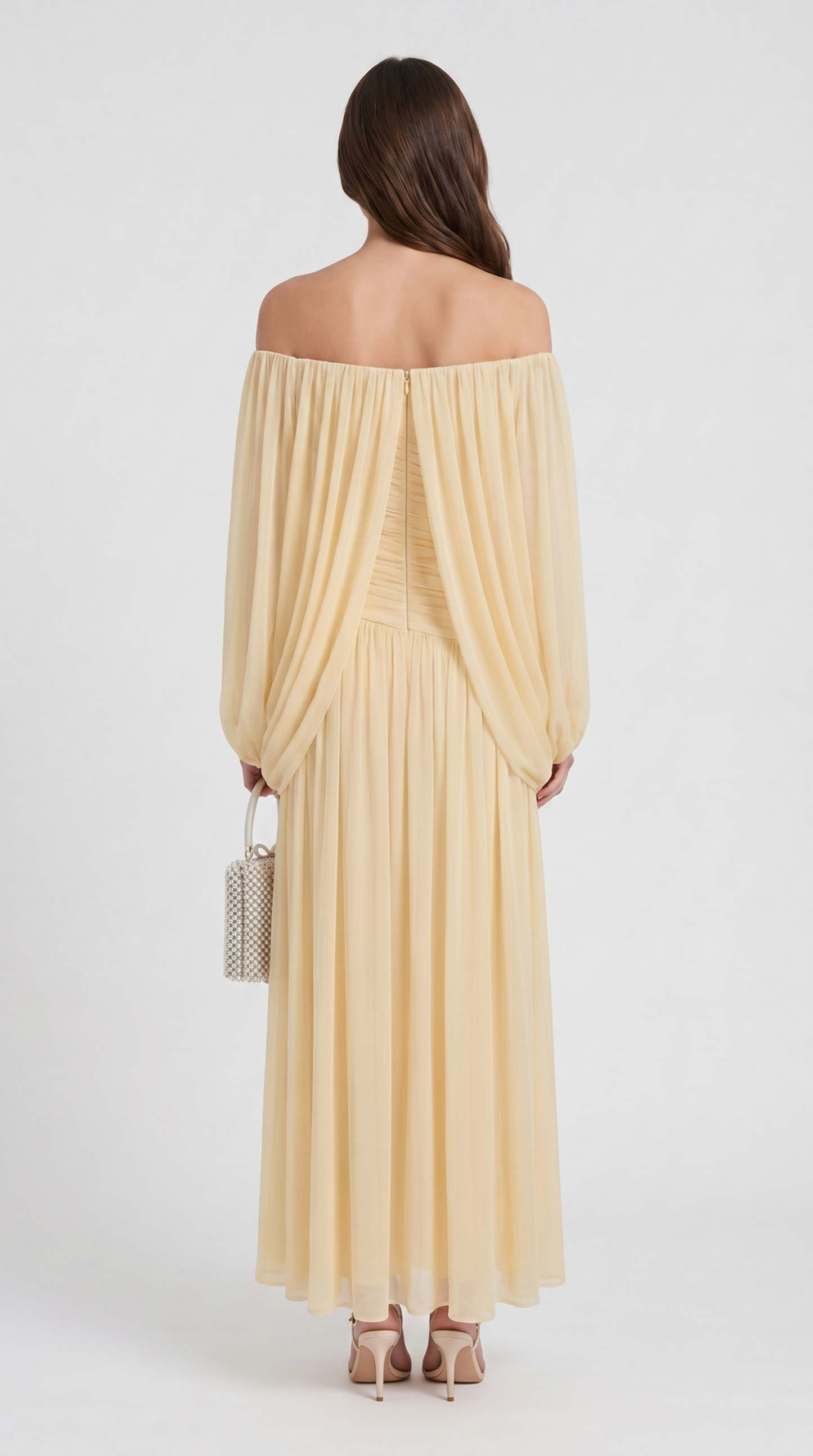 Aero - Off-the-Shoulder Draped Cape Maxi Gown Yellow