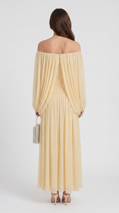 Aero - Off-the-Shoulder Draped Cape Maxi Gown Yellow