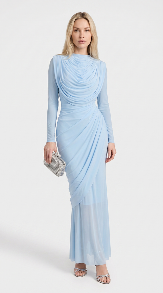 Cala - Draped Cowl-Neck Long-Sleeve Maxi Gown