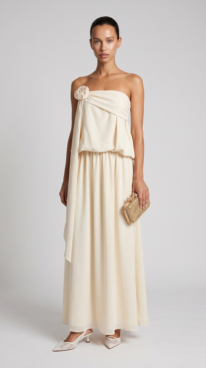 Mora - Strapless Draped Rosette Maxi Gown