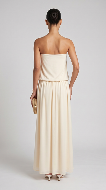 Mora - Strapless Draped Rosette Maxi Gown