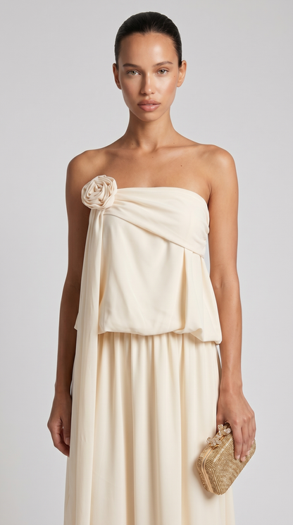 Mora - Strapless Draped Rosette Maxi Gown