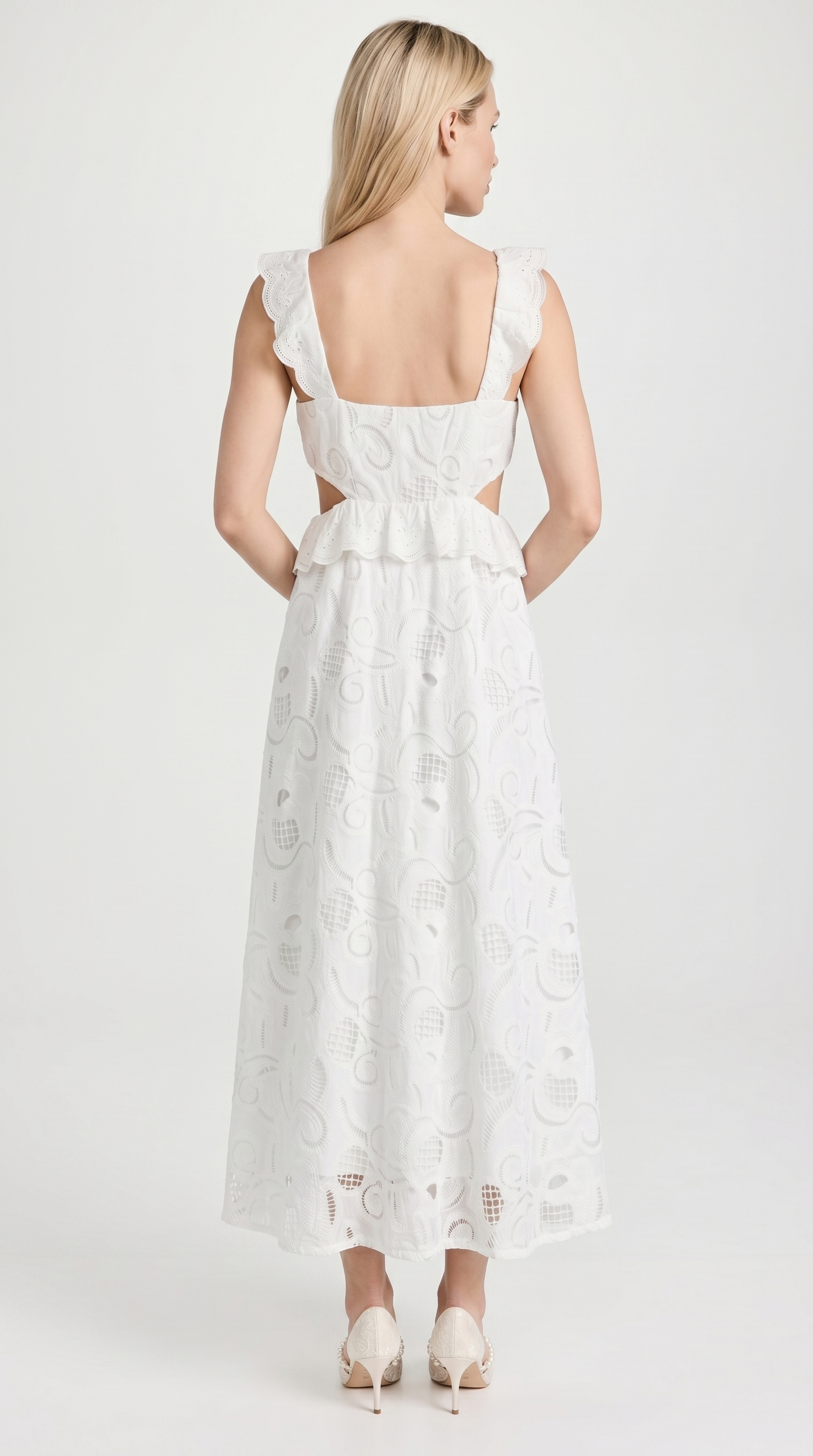 Venta - Ruffled Eyelet Cutout Midi Dress White