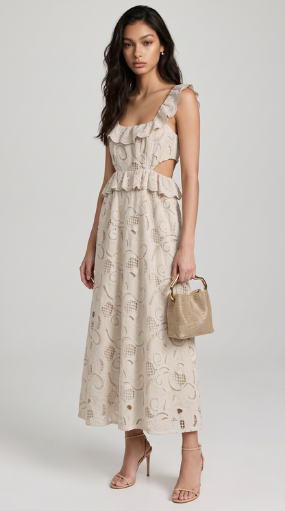 Venta - Ruffled Eyelet Cutout Midi Dress Beige