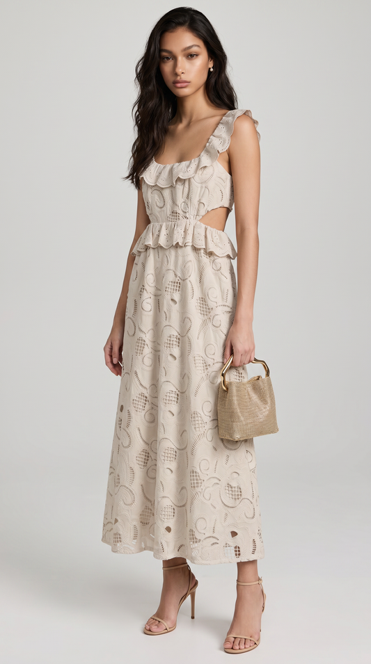 Venta - Ruffled Eyelet Cutout Midi Dress Beige